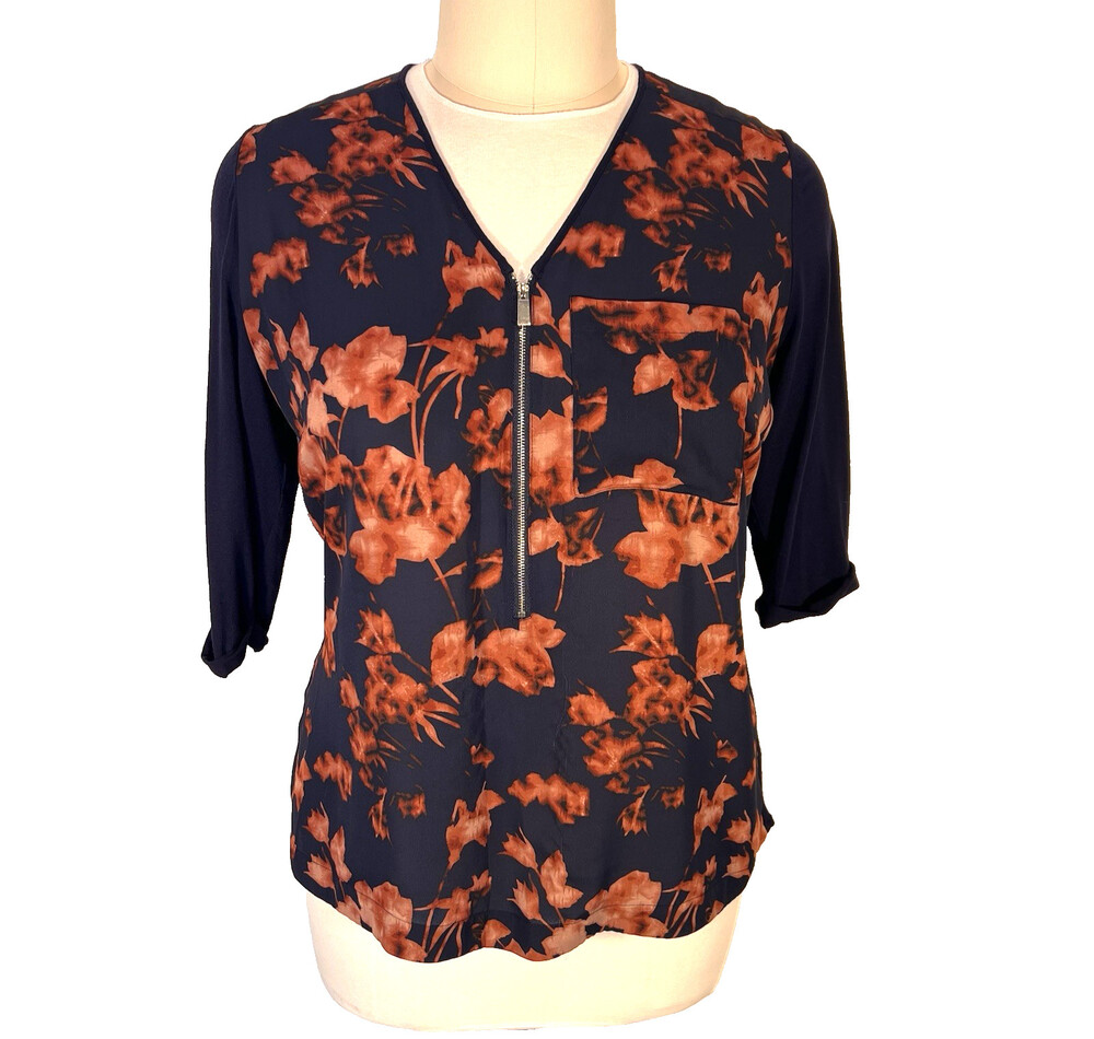 Vince Camuto Blouse Womens 1X Navy Coral Abstract Floral V-Neck 3/4 Cuff Sleeve
